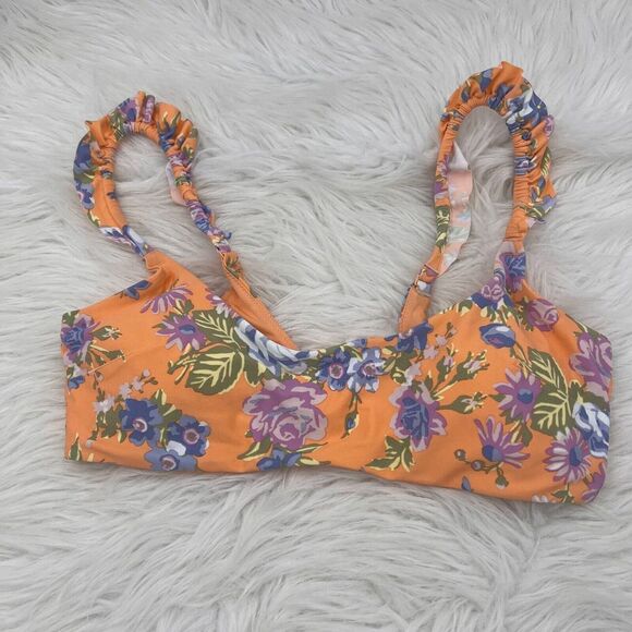 Aerie Womens Bikini Top XL Orange Floral‎ Square Neck Pullover Swimwear NWT - Picture 1 of 6
